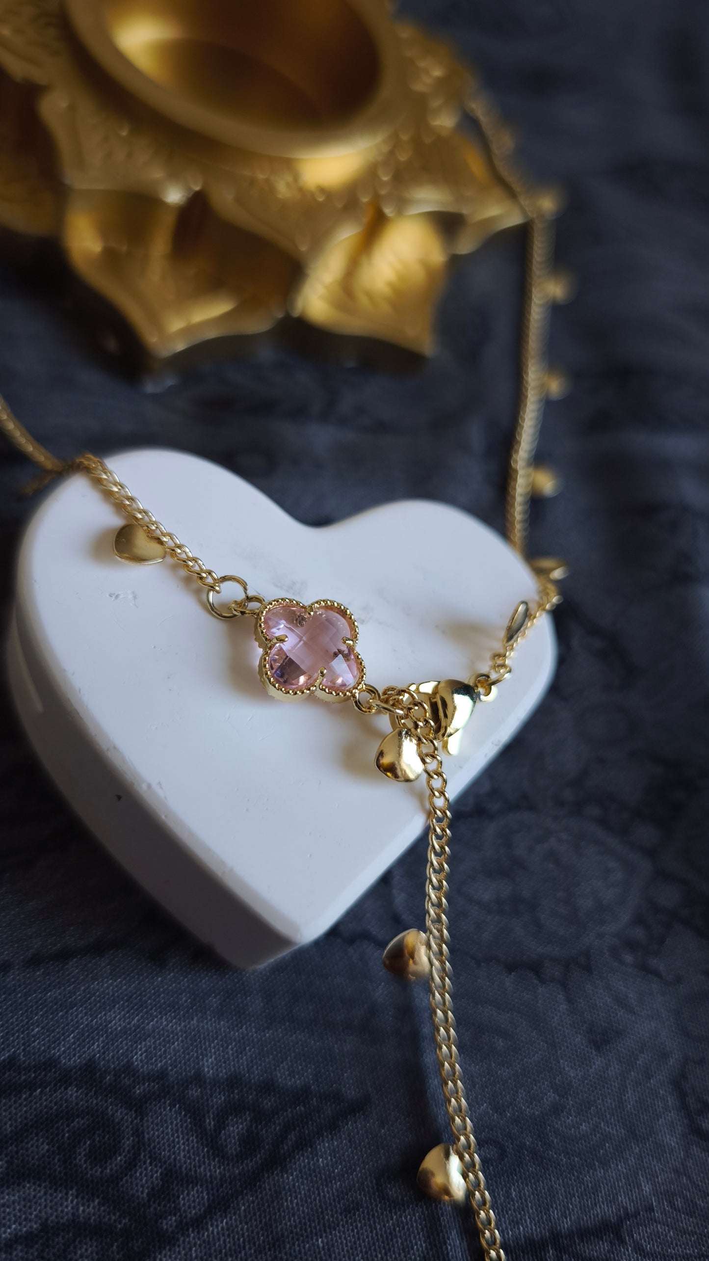 Pink of love - Gold pembe yoncalı Y kolye