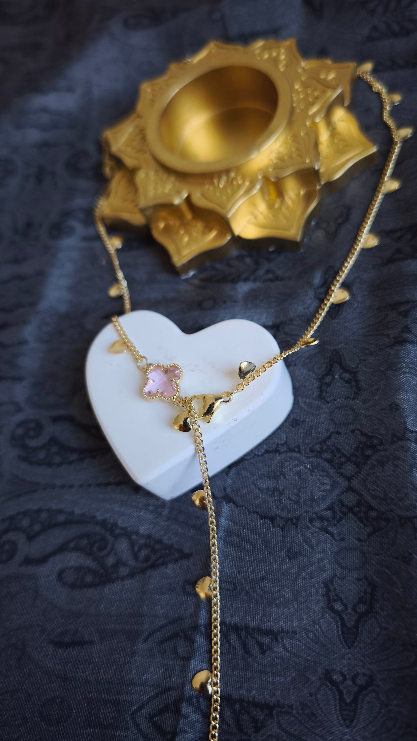 Pink of love - Gold pembe yoncalı Y kolye